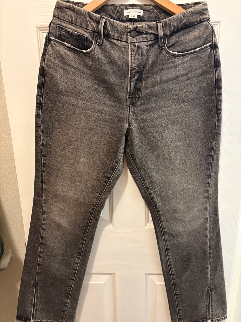 Good American Gray Flare Jeans with Ankle Slits